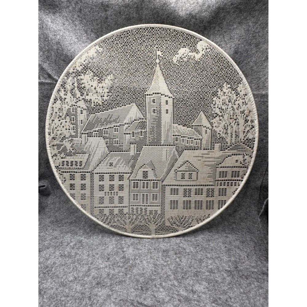 Vintage Round Lace Doily Pictorial European Village Scene Cream 11 Inch - Picture 2 of 4